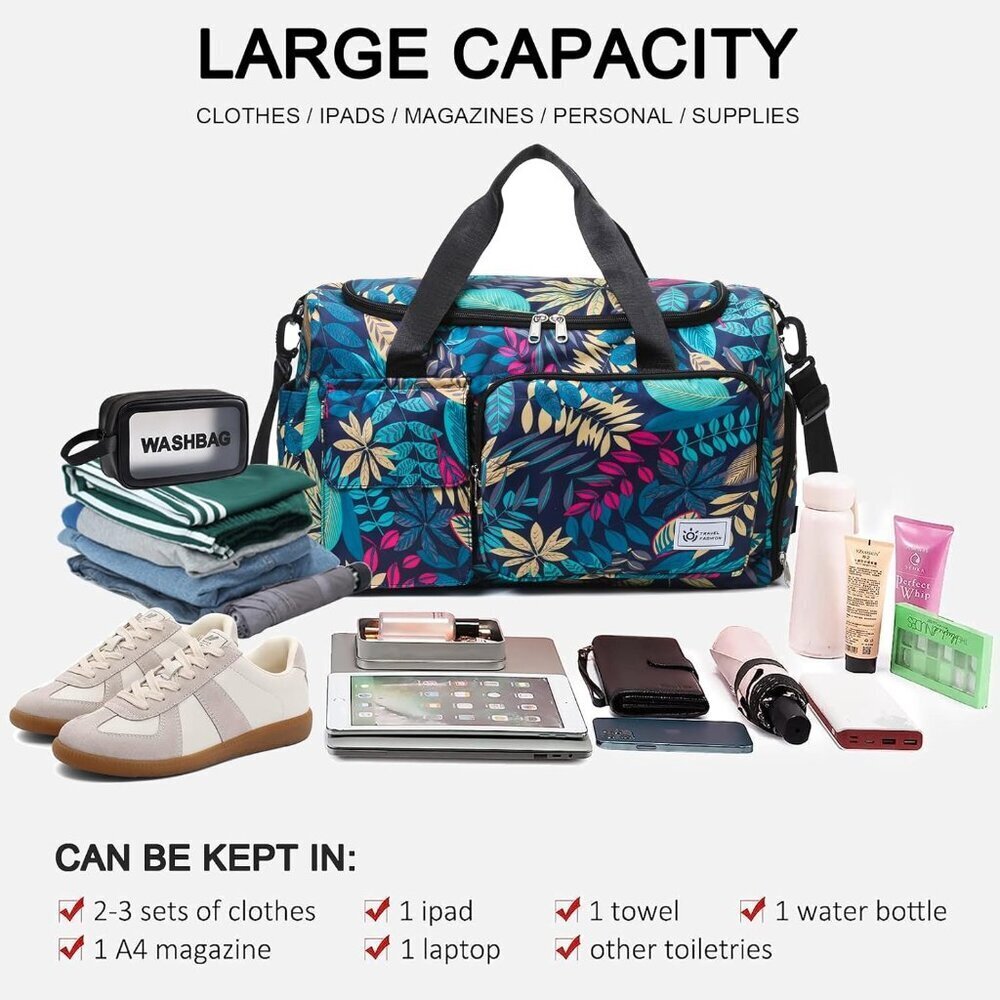 Women Green Leaves Small Gym Carry On Weekender Travel Shoe Compartment Bag - Picture 6 of 6